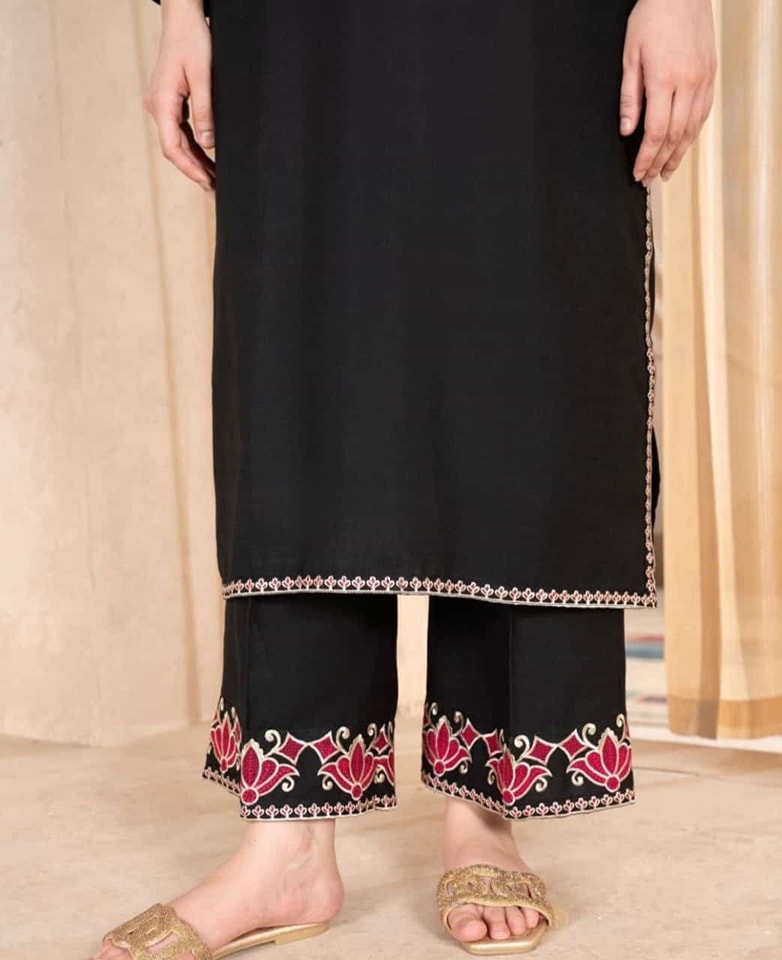 Black Rose Embroidery Long Length 2-Piece Suit - The Mak's Store