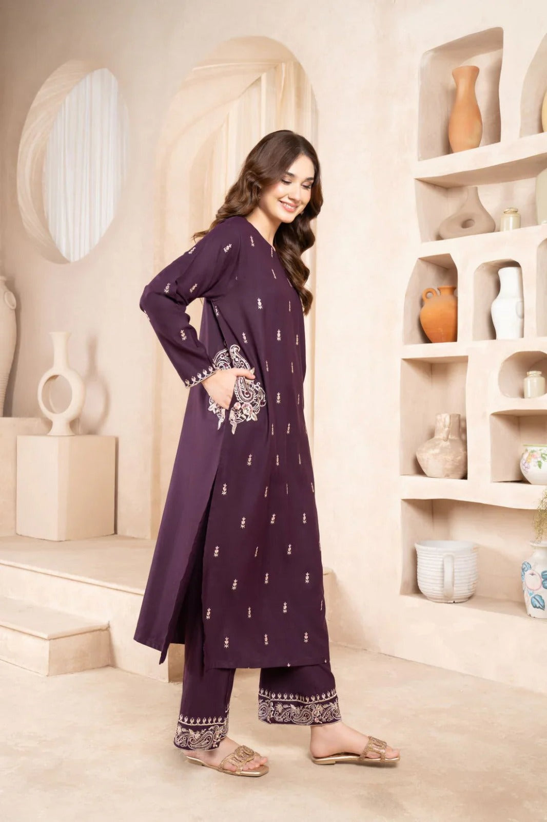 NAAZ EMB LONG LENGTH (Double Pocket) - Embroidered Trouser 2-Piece Set - The Mak's Store