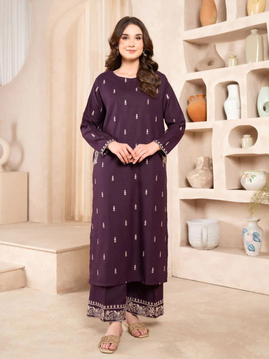 NAAZ EMB LONG LENGTH (Double Pocket) - Embroidered Trouser 2-Piece Set - The Mak's Store