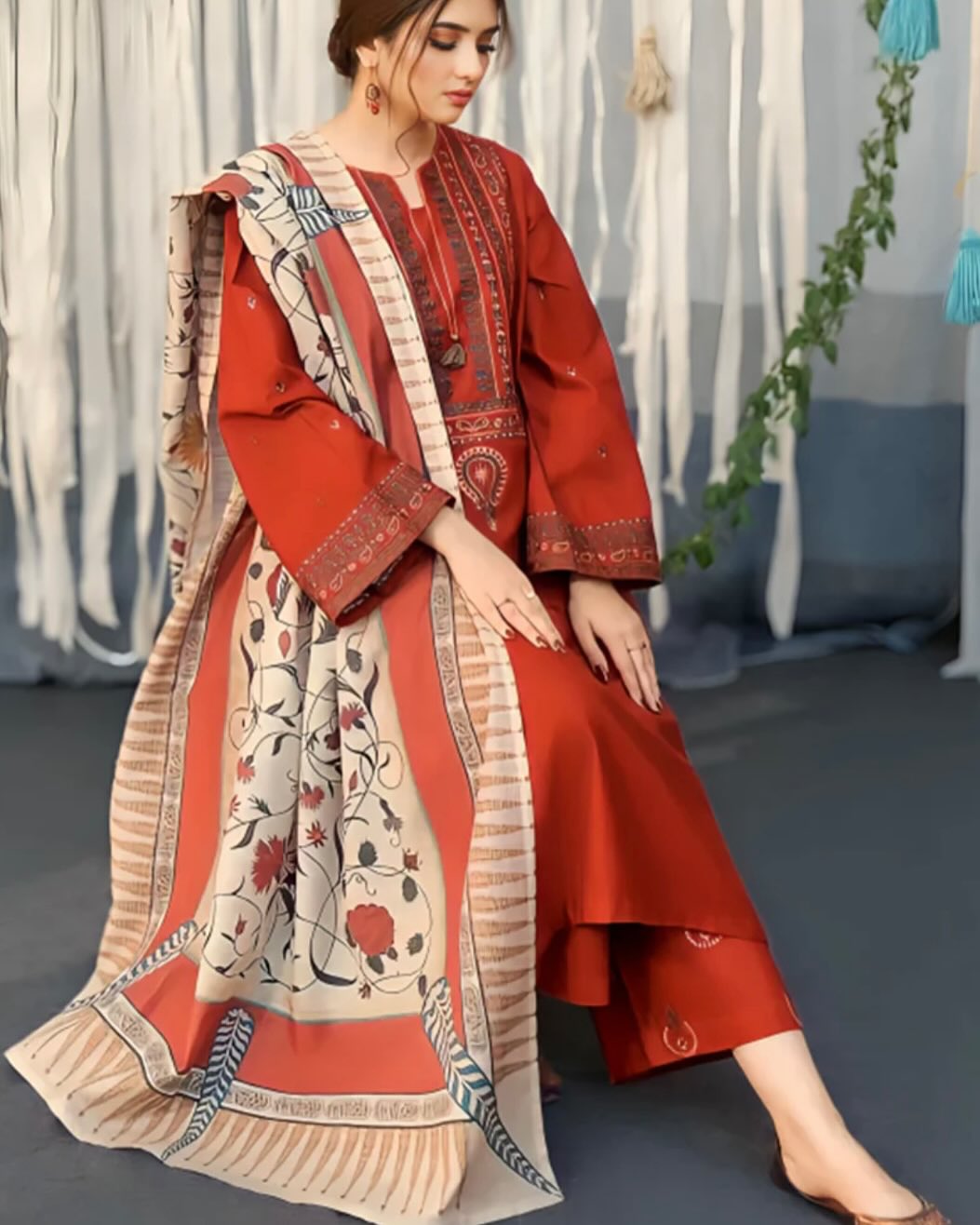 Ayat - 3PC Embroidered Ensemble with Digital Shawl - The Mak's Store